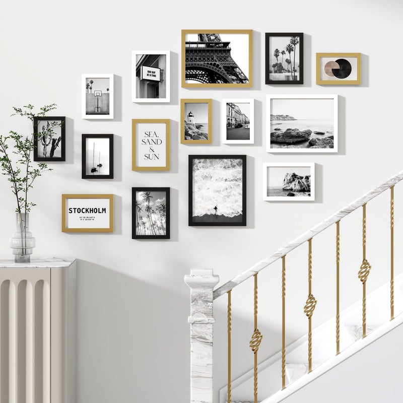 Venusmiles 15 Pack Picture Frames Collage Wall Decor, Gallery Frame Set for Wall Mounting or Tabletop Display, Multi Sizes Including 3pcs 8x10, 6pcs 5x7, 6pcs 4x6, Black+White+Gold - Image 5